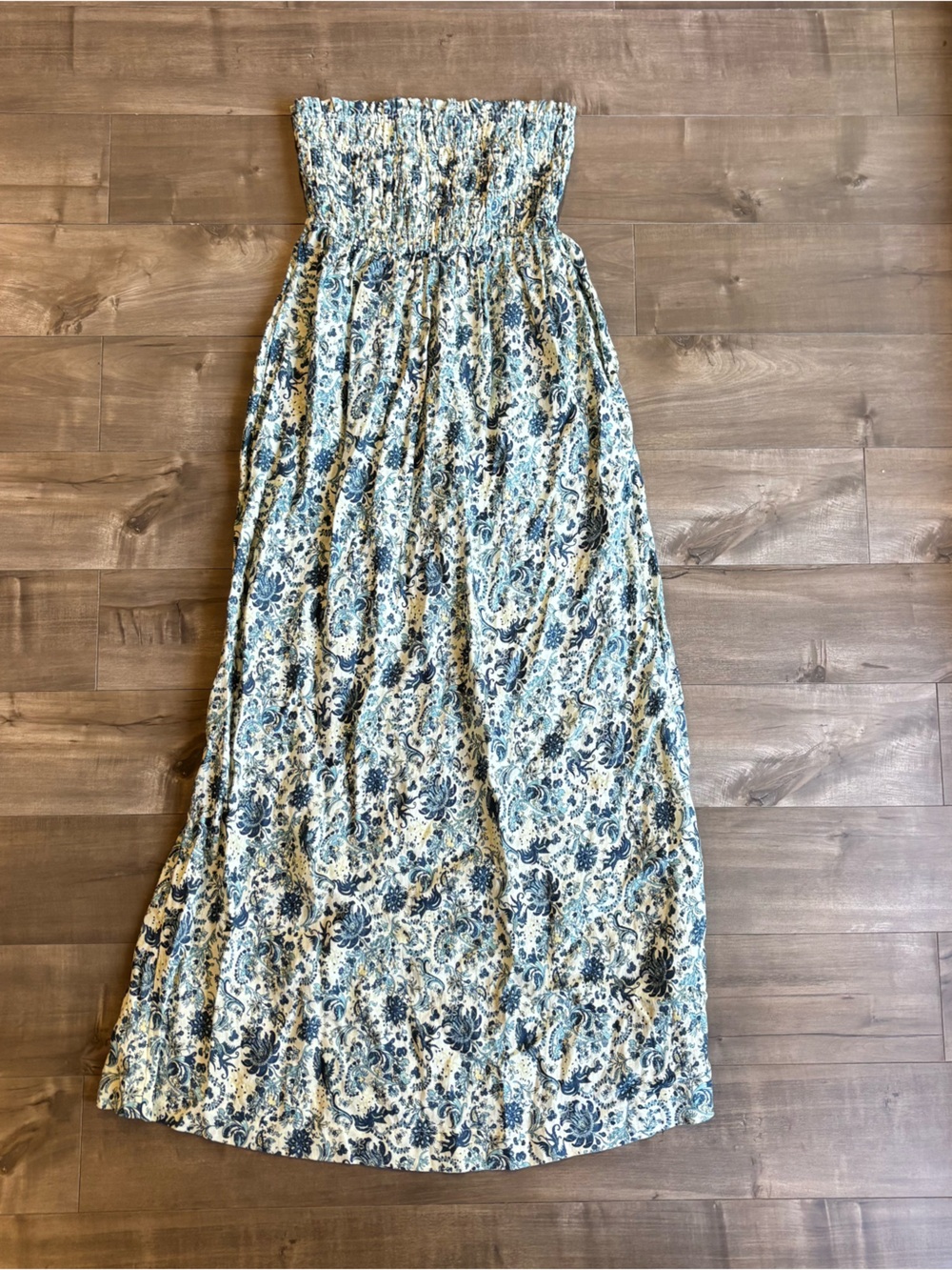 Faherty Margarita Strapless Linen Maxi Dress Smocked Paisley Blue Size S